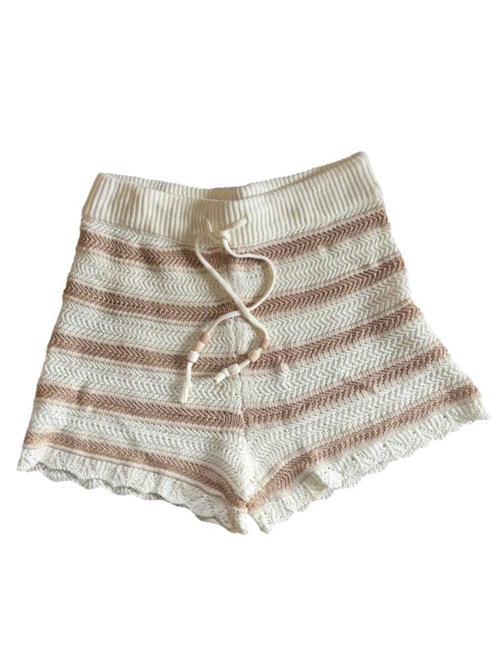 Madden NYC Crochet Knit Drawstring Pull On Shorts S Scalloped Hem Cream & Tan - Picture 2 of 5